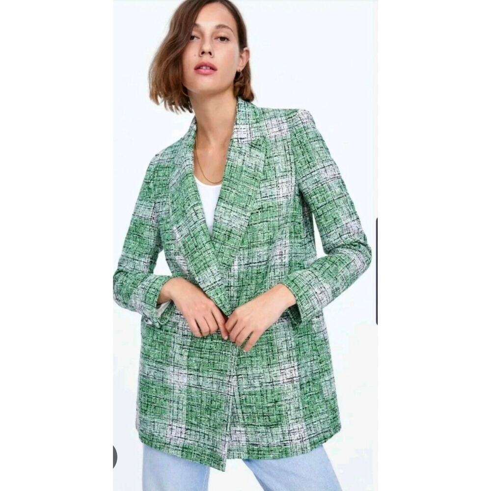 Zara plaid tweed green blazer oversize S NwT